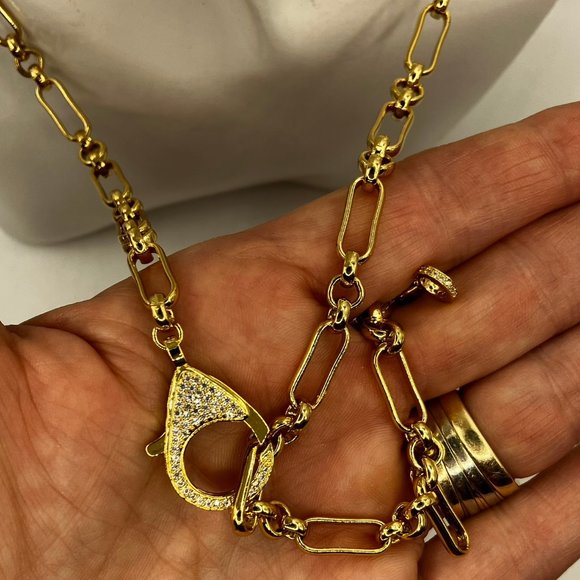 NEW 18k Real Gold Plated Paper Clip 25 inch Chain Large Cubic Zirconia Clasp - Picture 12 of 14